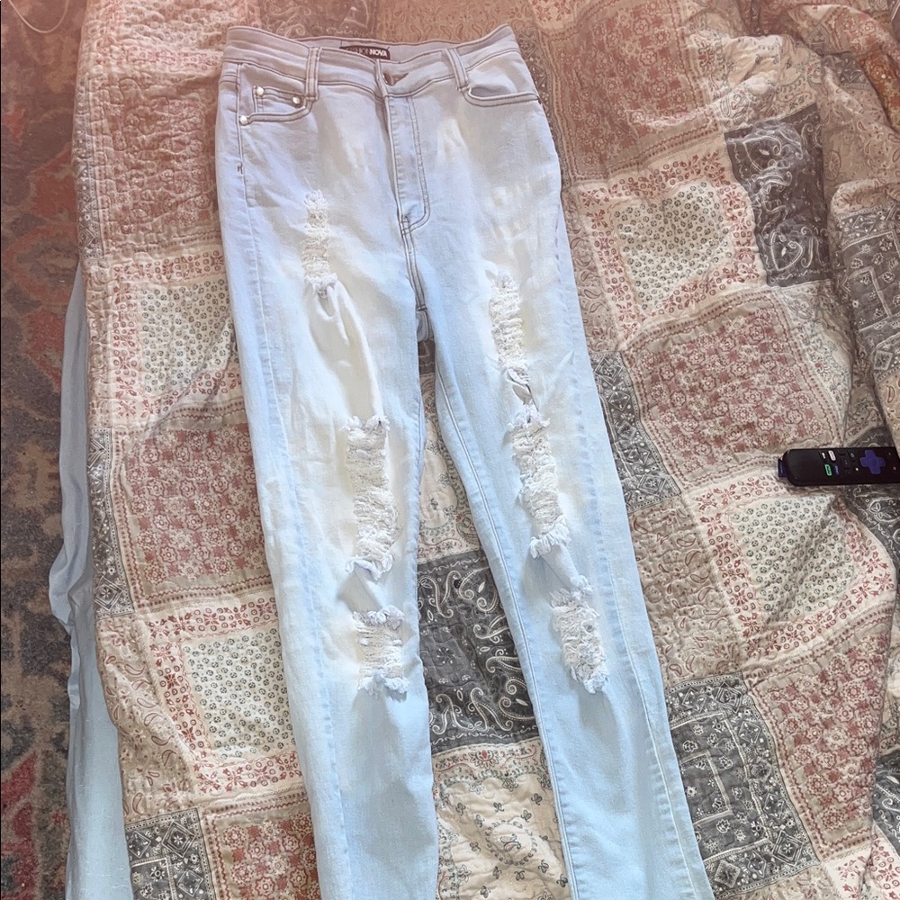Fashion Nova Light Blue Distressed Skinny Jeans